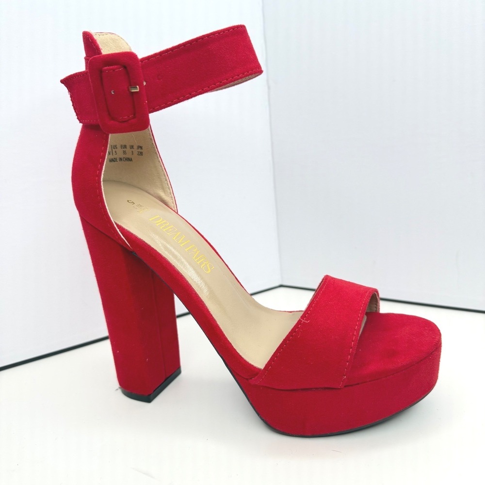 Dream Pairs Red Faux Suede Platform Block Heel Ankle Strap Sandals Size 5